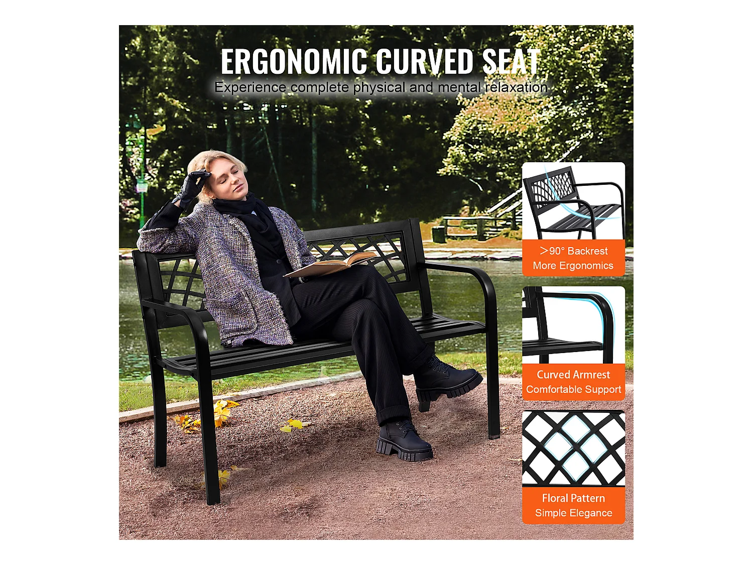 Banc de Jardin en Métal 117 cm pour l'Extérieur SucceBuy, d'une Capacité de 480 Livres, pour le Patio, le Parc, la Cour, le Porche