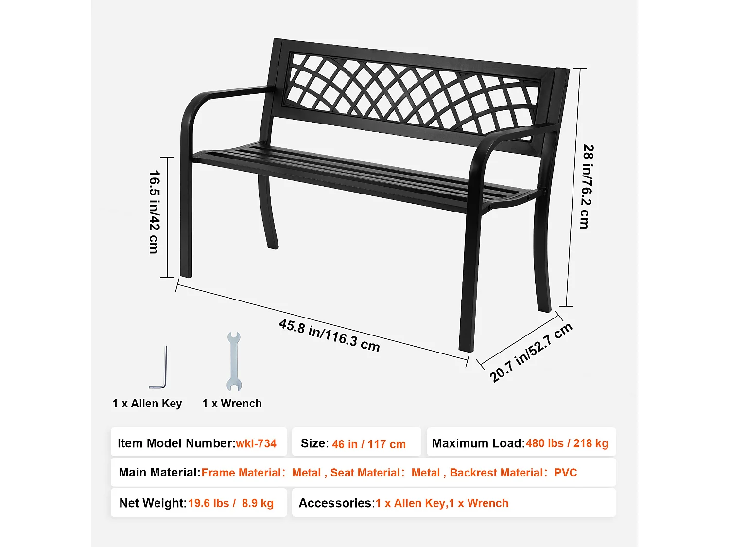 Ławka Ogrodowa SucceBuy 117 cm z Metalu o udźwigu 480 funtów na Patio, do Parku, na Podwórko, na Werandę