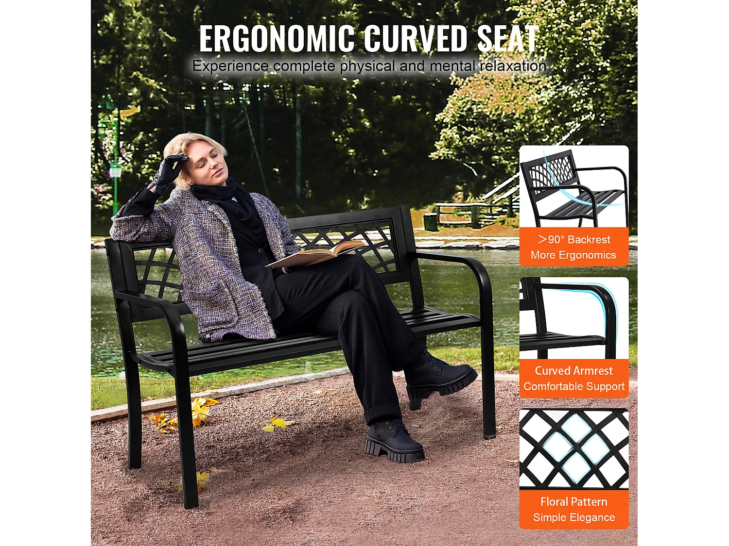 Ławka Ogrodowa SucceBuy 117 cm z Metalu o udźwigu 480 funtów na Patio, do Parku, na Podwórko, na Werandę