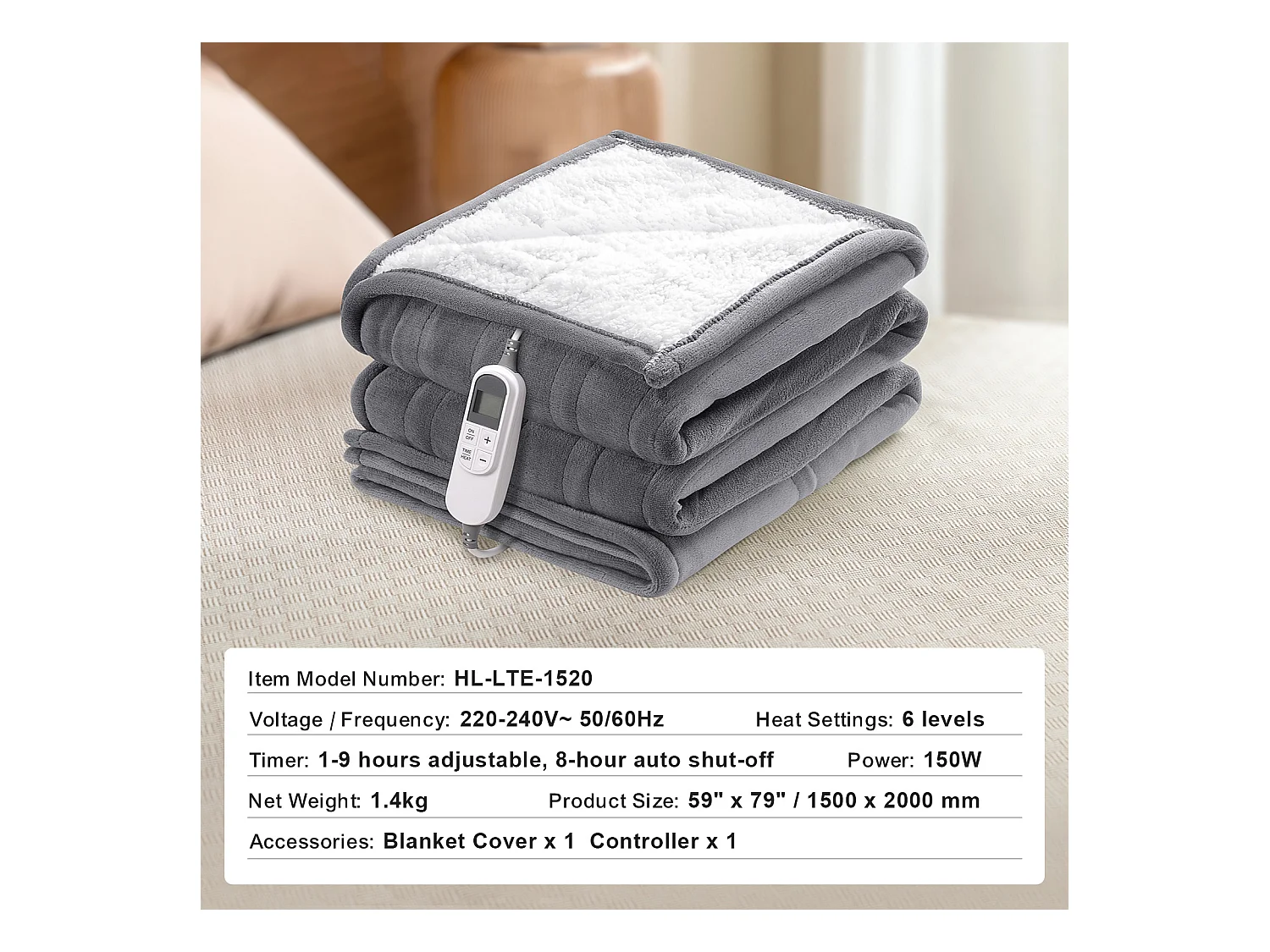 Couverture Chauffante Électrique, SucceBuy Couverture Chauffante 150x200CM Queen, Flanelle Douce, 9T&6H, Cadeau, 220-240V, 150W/Gris