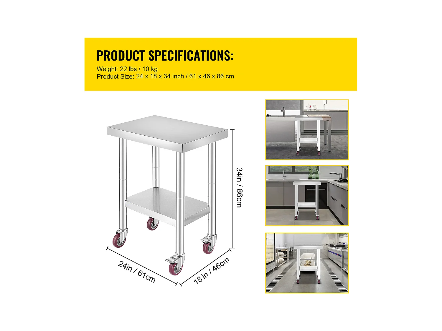 Table de Travail SucceBuy Table de Préparation Commerciale en Acier Inoxydable 61x45.7 cm avec 4 Roulettes