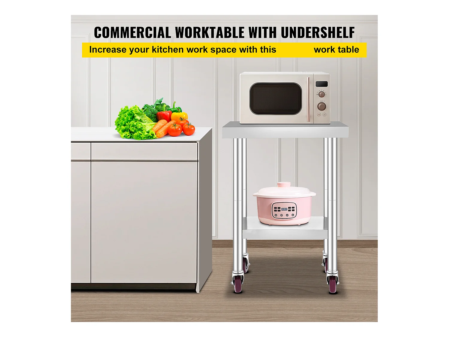 Table de Travail SucceBuy Table de Préparation Commerciale en Acier Inoxydable 61x45.7 cm avec 4 Roulettes