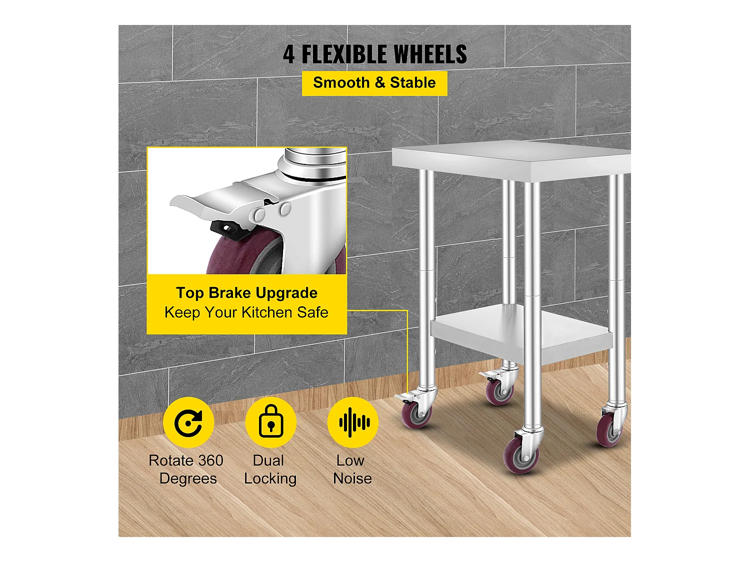 Table de Travail SucceBuy Table de Préparation Commerciale en Acier Inoxydable 61x45.7 cm avec 4 Roulettes