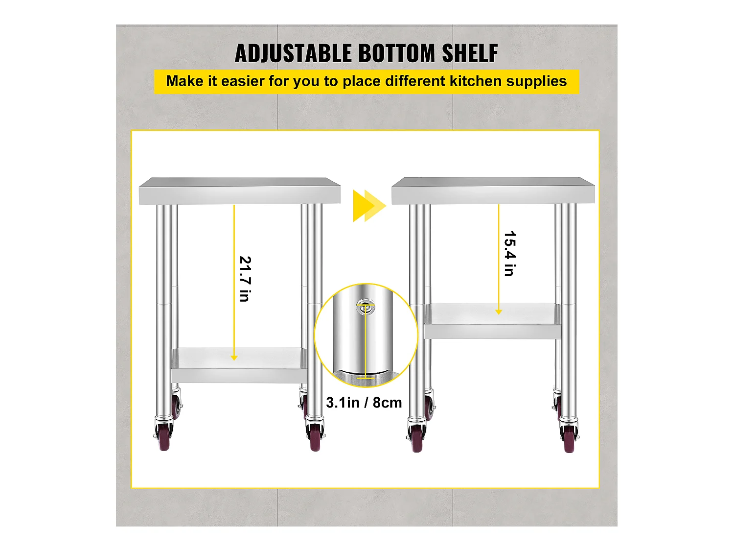Table de Travail SucceBuy Table de Préparation Commerciale en Acier Inoxydable 61x45.7 cm avec 4 Roulettes