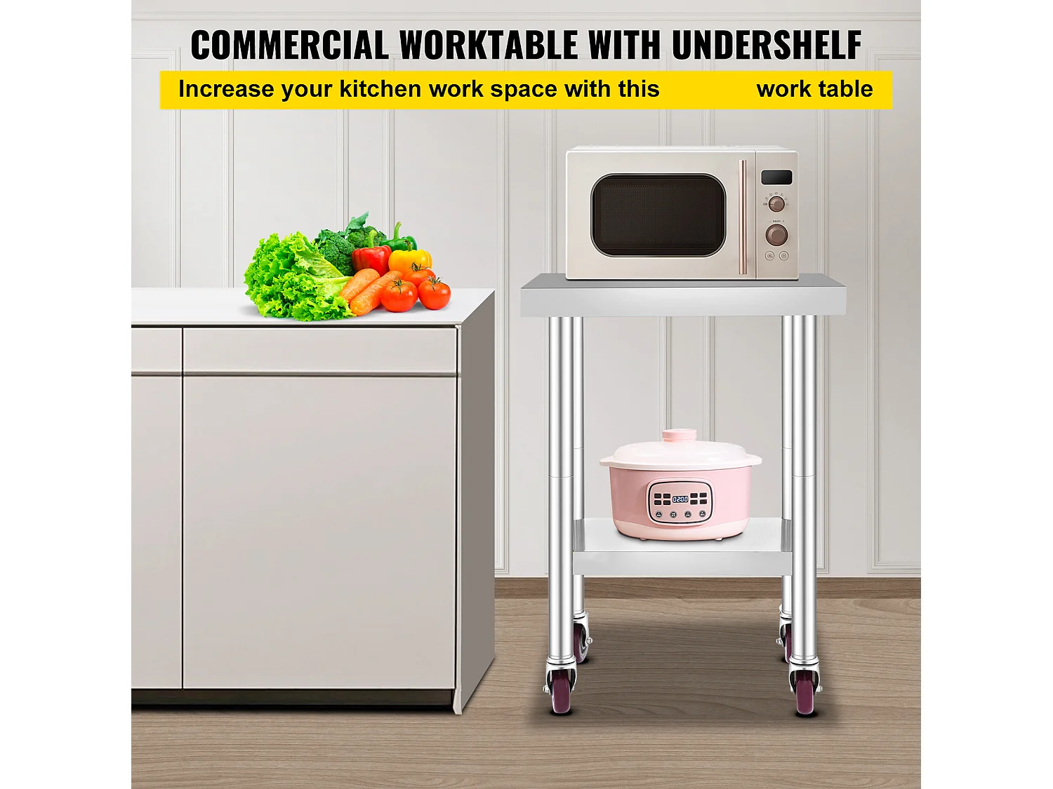 Table de Travail SucceBuy Table de Préparation Commerciale en Acier Inoxydable 61x45.7 cm avec 4 Roulettes