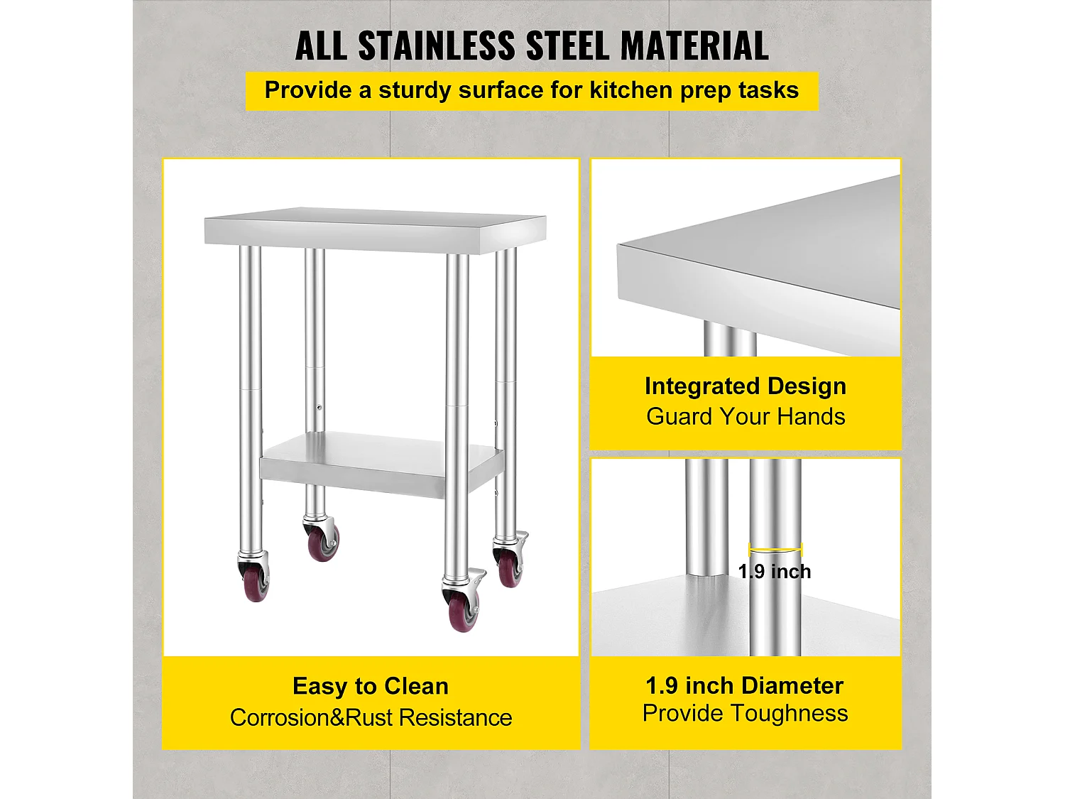 Table de Travail SucceBuy Table de Préparation Commerciale en Acier Inoxydable 61x45.7 cm avec 4 Roulettes