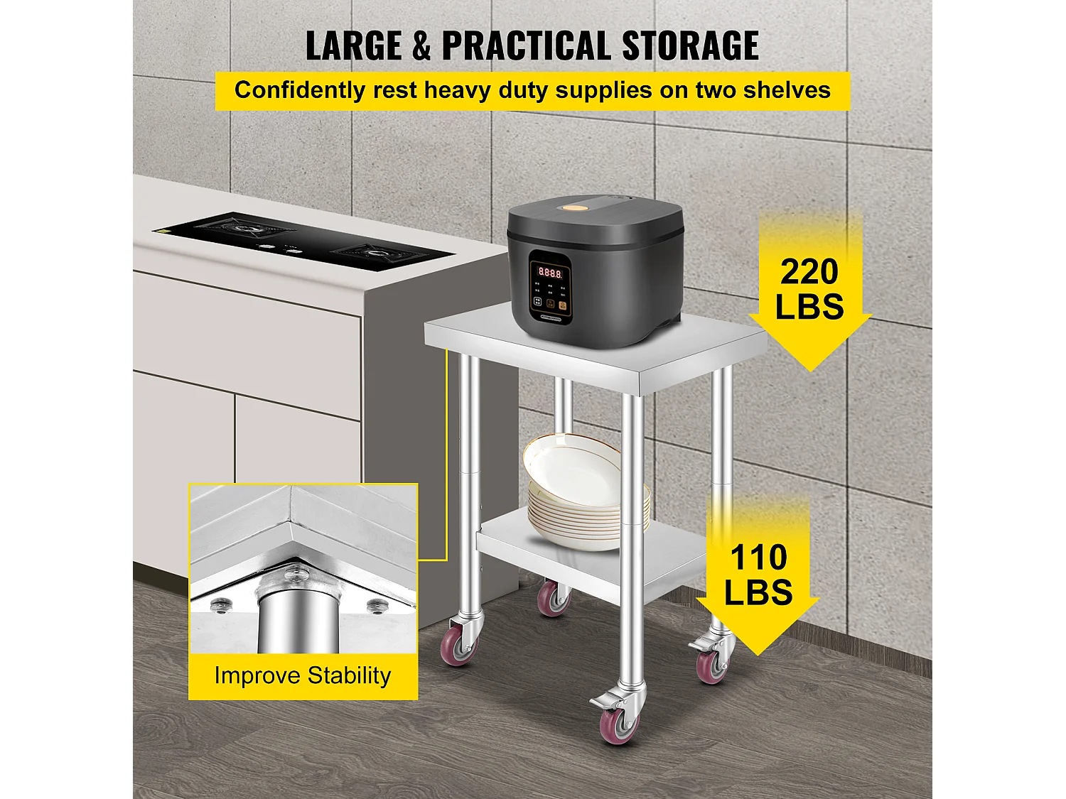 Table de Travail SucceBuy Table de Préparation Commerciale en Acier Inoxydable 61x45.7 cm avec 4 Roulettes