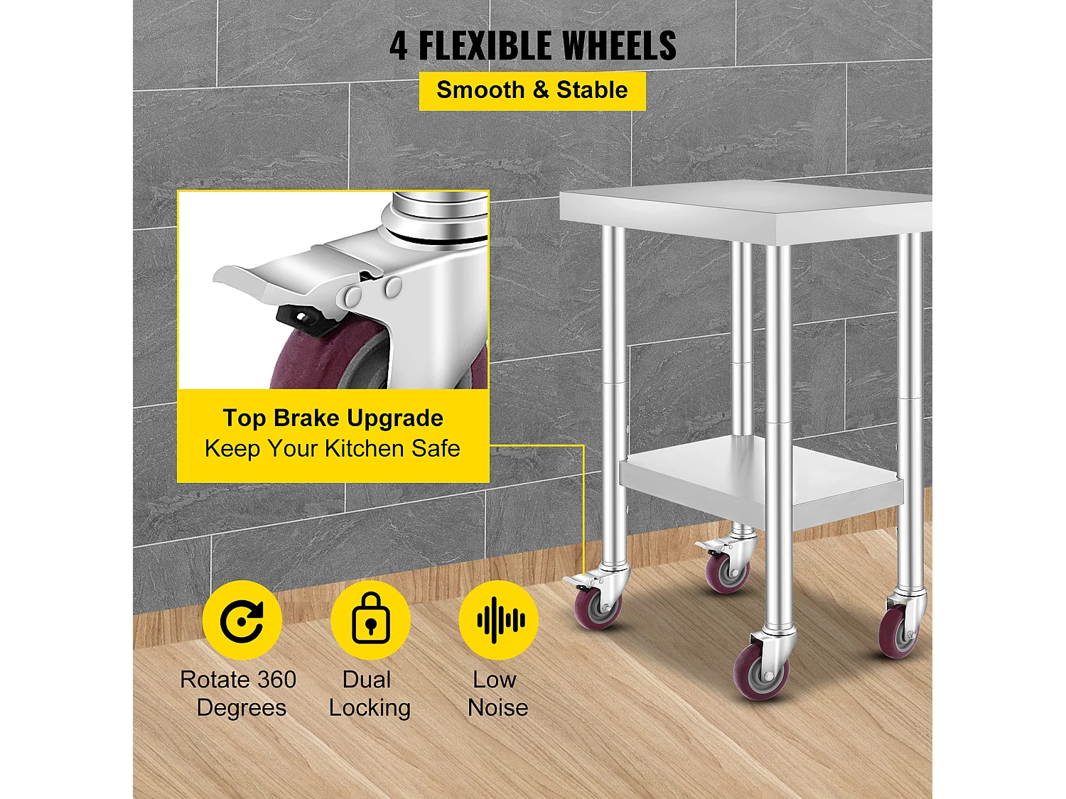 Table de Travail SucceBuy Table de Préparation Commerciale en Acier Inoxydable 61x45.7 cm avec 4 Roulettes