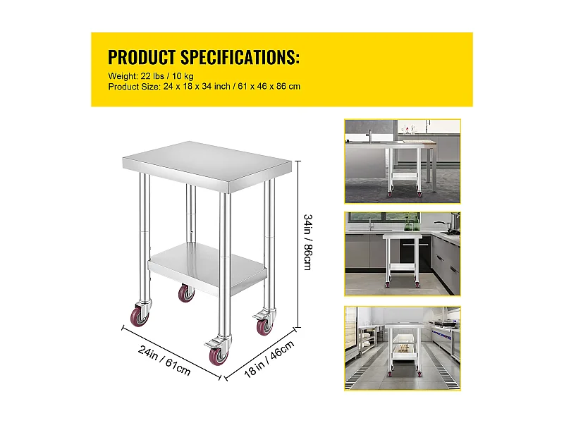 Roestvrijstalen Werktafel SucceBuy 24x18 Inch Roestvrijstalen Commerciële Voorbereidingstafel met 4 Wielen