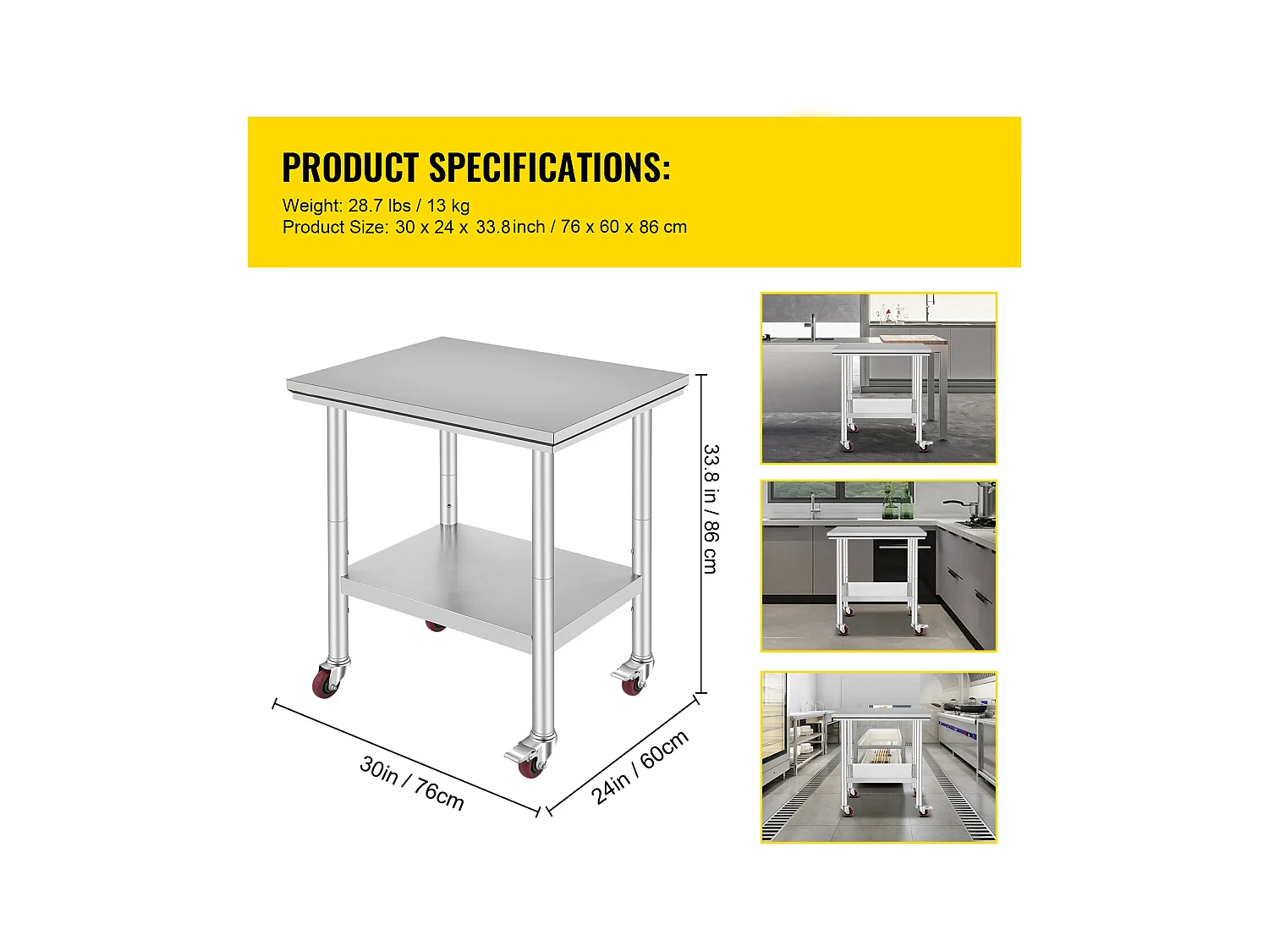 Table de Travail SucceBuy Table de Travail en Acier Inoxydable 30x24 Pouces Table de Préparation Commerciale avec 4 Roulettes
