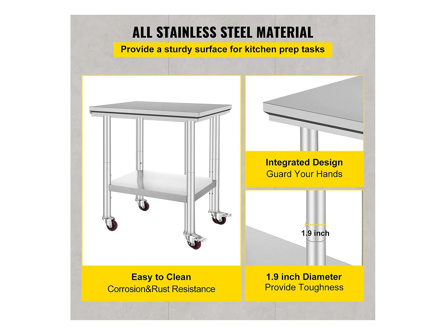 Table de Travail SucceBuy Table de Travail en Acier Inoxydable 30x24 Pouces Table de Préparation Commerciale avec 4 Roulettes