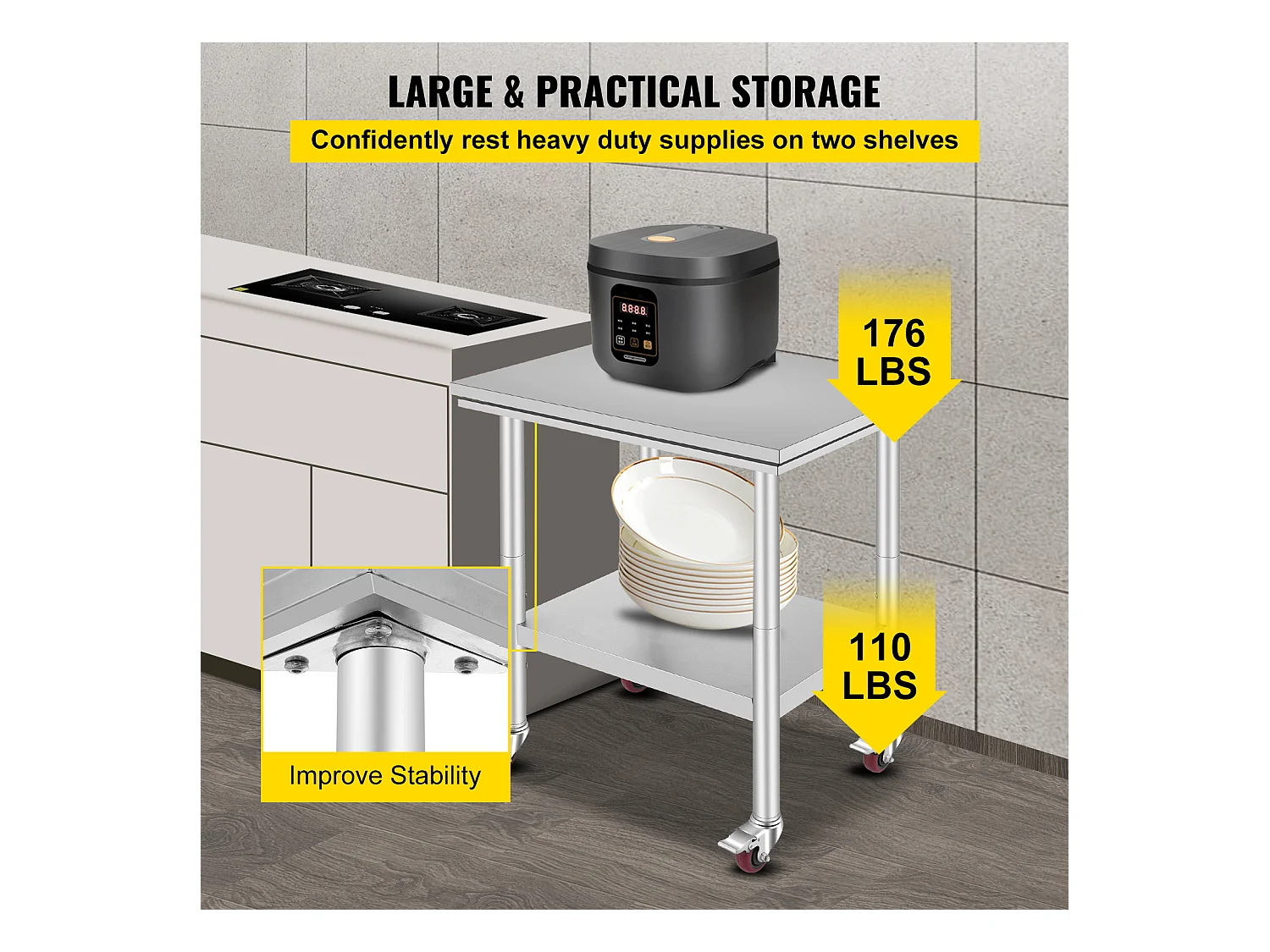 Table de Travail SucceBuy Table de Travail en Acier Inoxydable 30x24 Pouces Table de Préparation Commerciale avec 4 Roulettes