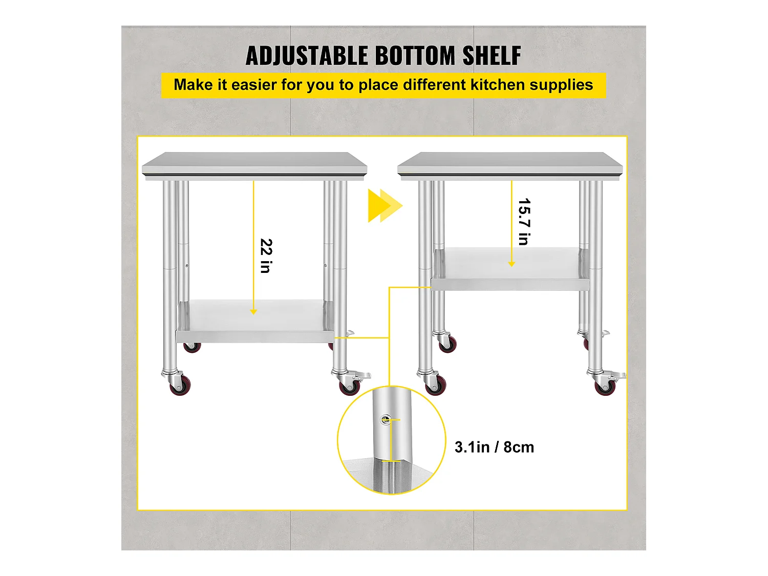 Table de Travail SucceBuy Table de Travail en Acier Inoxydable 30x24 Pouces Table de Préparation Commerciale avec 4 Roulettes