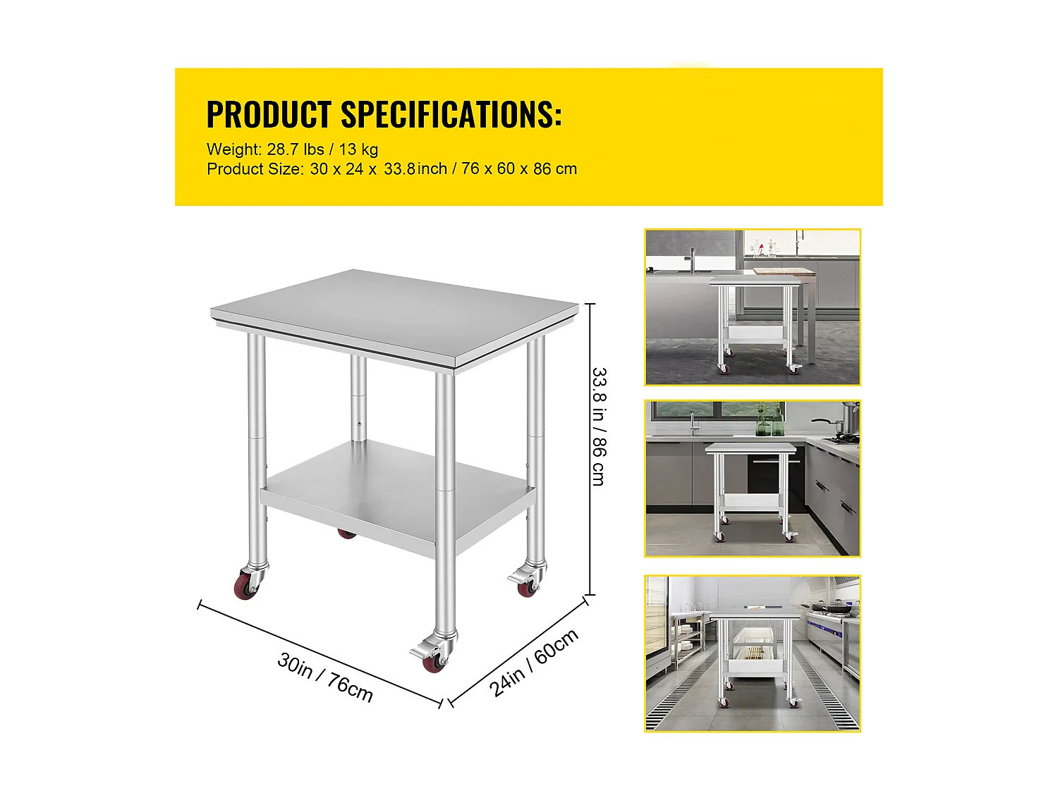 Table de Travail SucceBuy Table de Travail en Acier Inoxydable 30x24 Pouces Table de Préparation Commerciale avec 4 Roulettes