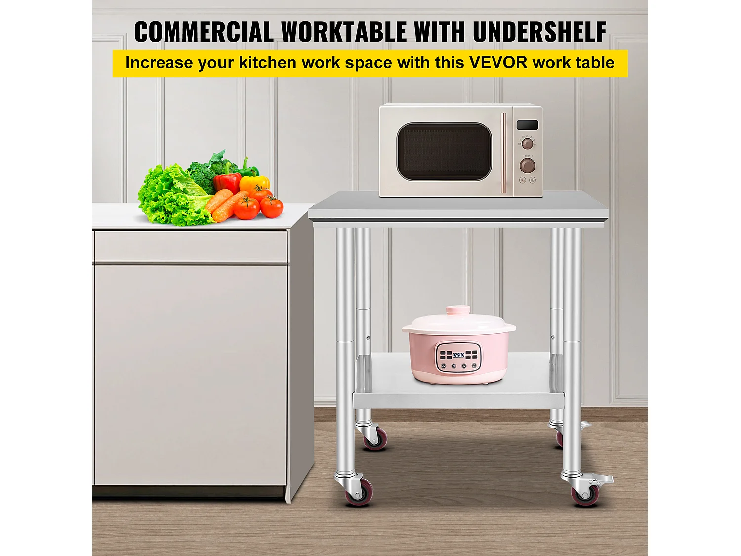 Table de Travail SucceBuy Table de Travail en Acier Inoxydable 30x24 Pouces Table de Préparation Commerciale avec 4 Roulettes