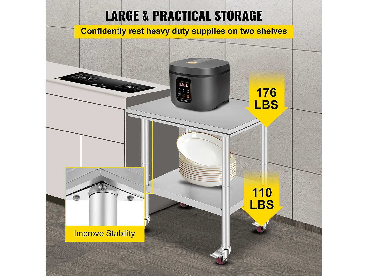 Table de Travail SucceBuy Table de Travail en Acier Inoxydable 30x24 Pouces Table de Préparation Commerciale avec 4 Roulettes