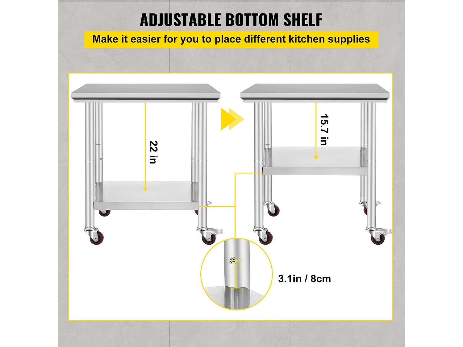 Table de Travail SucceBuy Table de Travail en Acier Inoxydable 30x24 Pouces Table de Préparation Commerciale avec 4 Roulettes