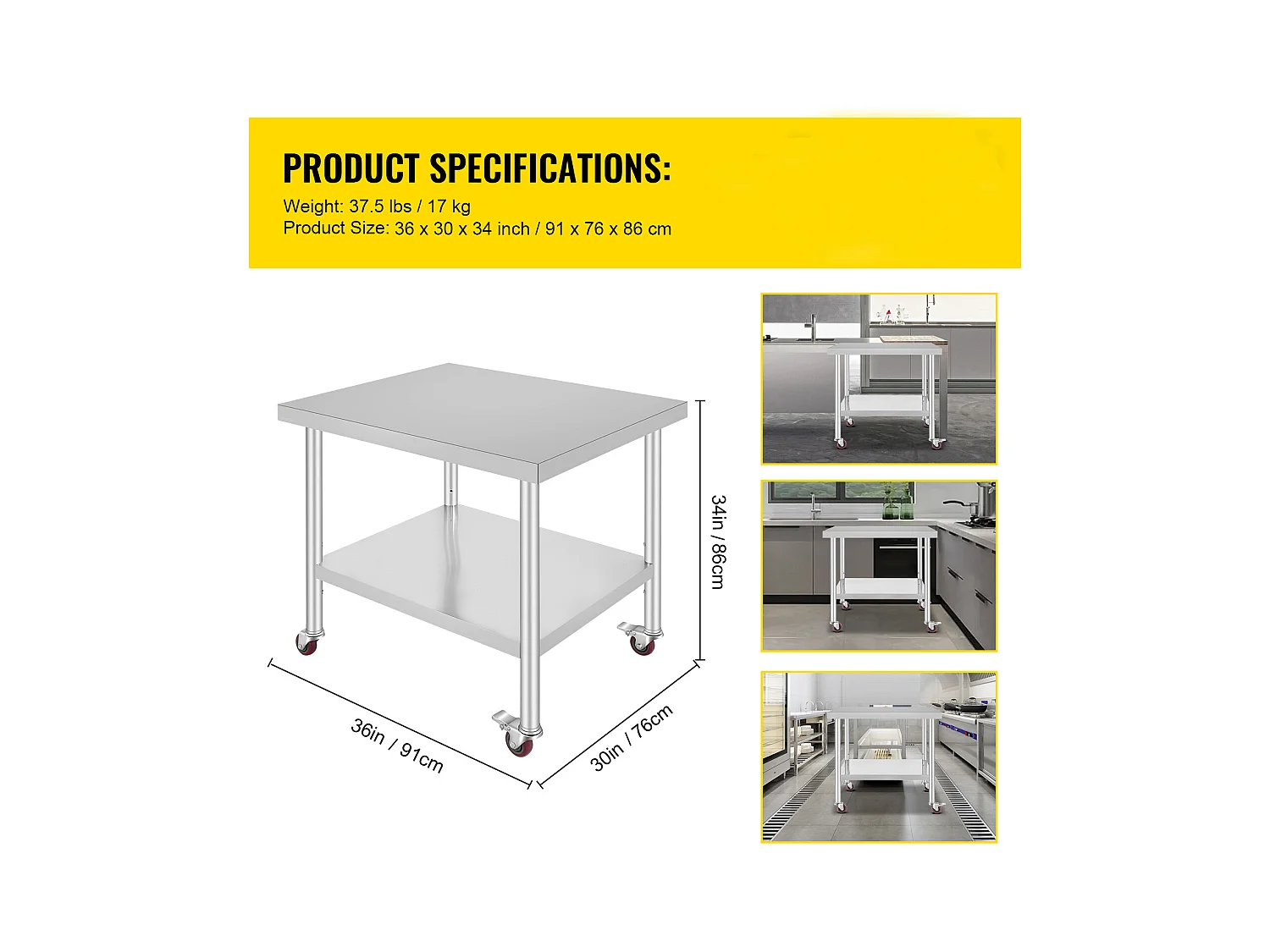Table de Travail SucceBuy Table de Travail en Acier Inoxydable Table de Préparation Commerciale 36 x 30 Pouces avec 4 Roulettes