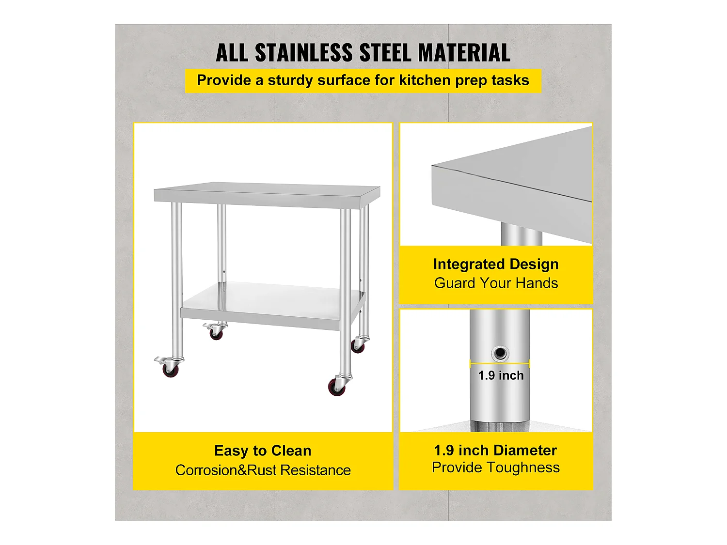 Table de Travail SucceBuy Table de Travail en Acier Inoxydable Table de Préparation Commerciale 36 x 30 Pouces avec 4 Roulettes