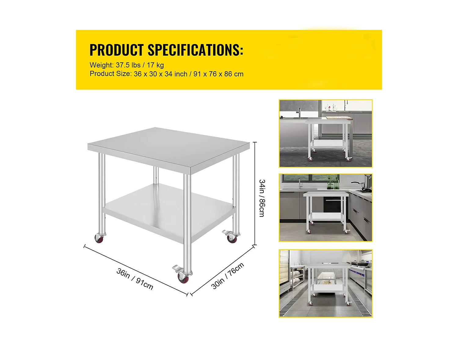 Table de Travail SucceBuy Table de Travail en Acier Inoxydable Table de Préparation Commerciale 36 x 30 Pouces avec 4 Roulettes