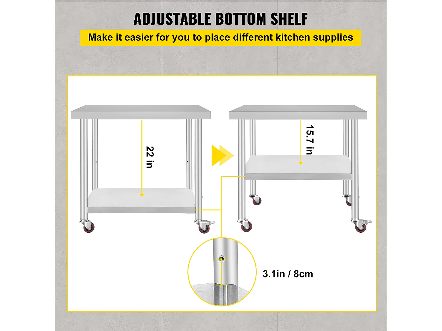 Table de Travail SucceBuy Table de Travail en Acier Inoxydable Table de Préparation Commerciale 36 x 30 Pouces avec 4 Roulettes