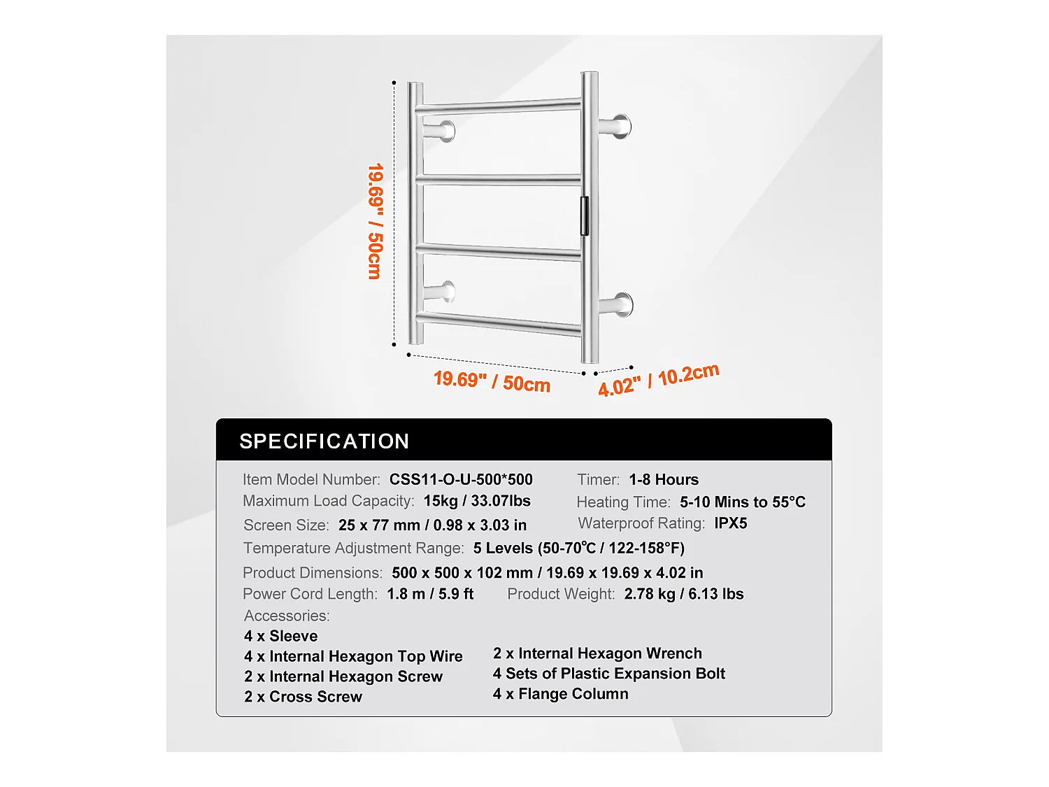 EMKE Sèche Serviettes Mural à 4 Barres, Porte-Serviettes Chauffant pour Salle de Bain, Argent