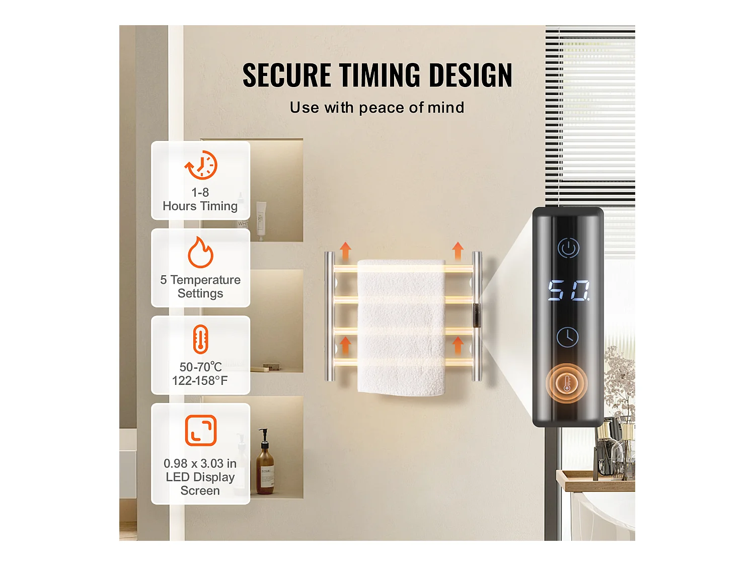 EMKE Sèche Serviettes Mural à 4 Barres, Porte-Serviettes Chauffant pour Salle de Bain, Argent