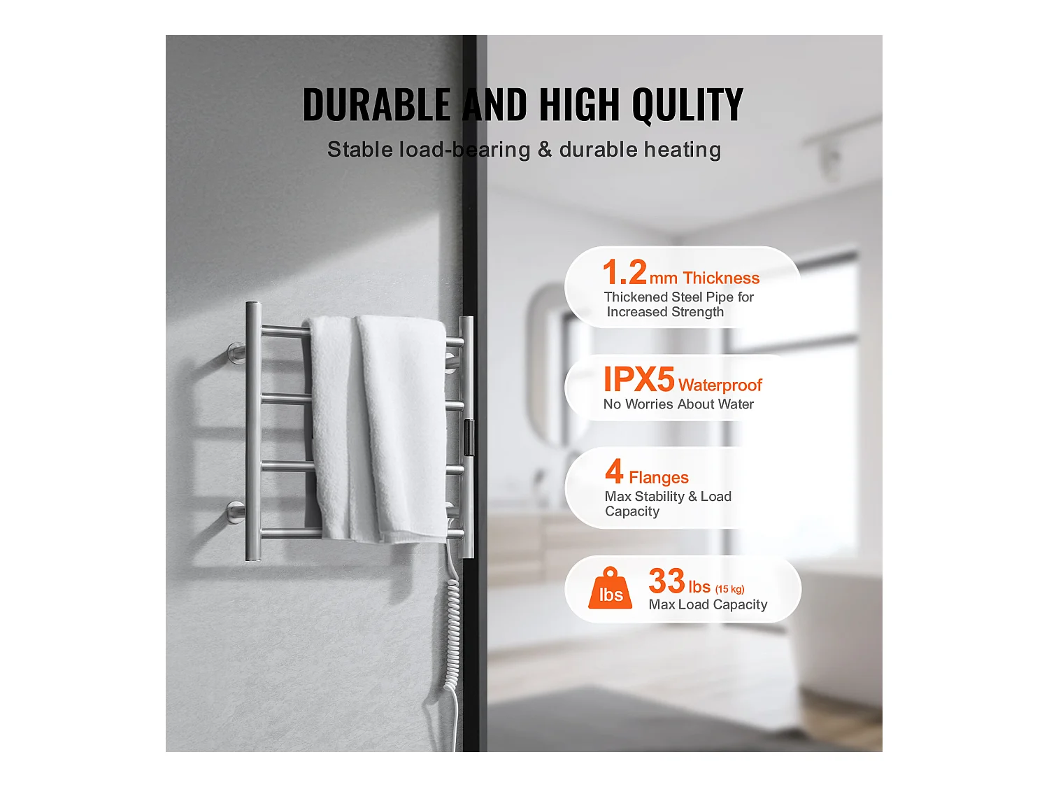 EMKE Sèche Serviettes Mural à 4 Barres, Porte-Serviettes Chauffant pour Salle de Bain, Argent