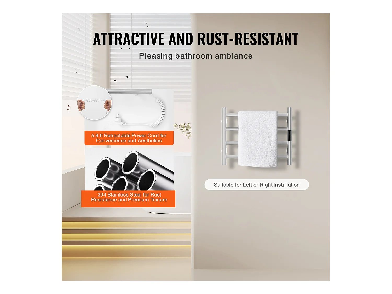 EMKE Sèche Serviettes Mural à 4 Barres, Porte-Serviettes Chauffant pour Salle de Bain, Argent