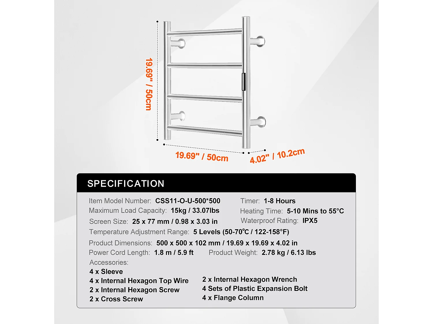 EMKE Sèche Serviettes Mural à 4 Barres, Porte-Serviettes Chauffant pour Salle de Bain, Argent