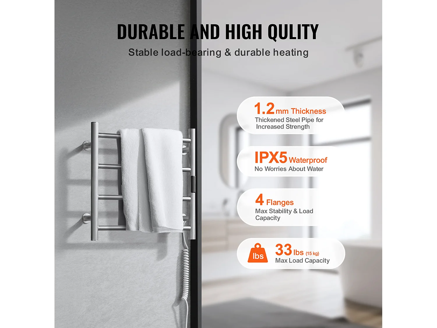 EMKE Sèche Serviettes Mural à 4 Barres, Porte-Serviettes Chauffant pour Salle de Bain, Argent