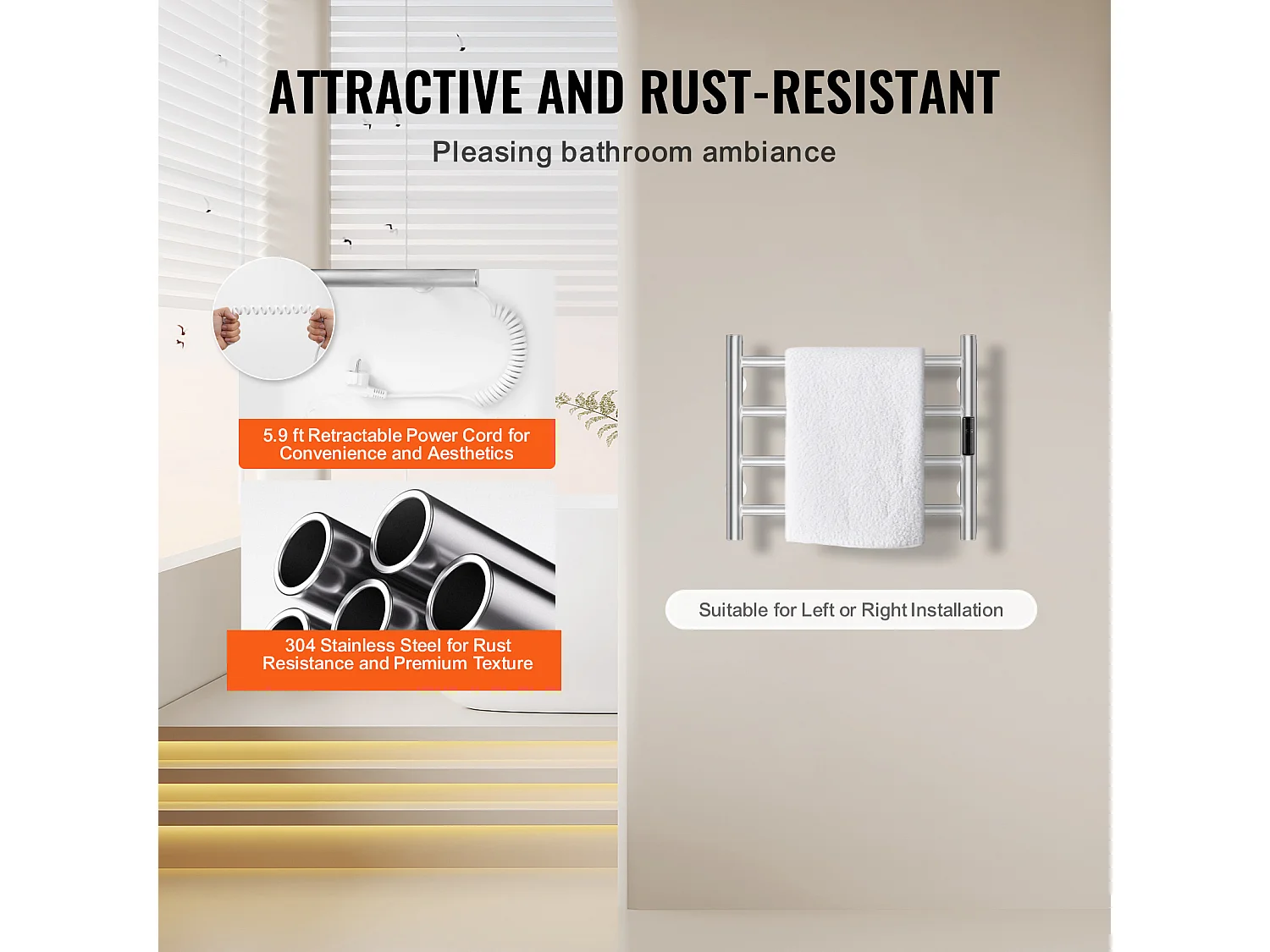 EMKE Sèche Serviettes Mural à 4 Barres, Porte-Serviettes Chauffant pour Salle de Bain, Argent