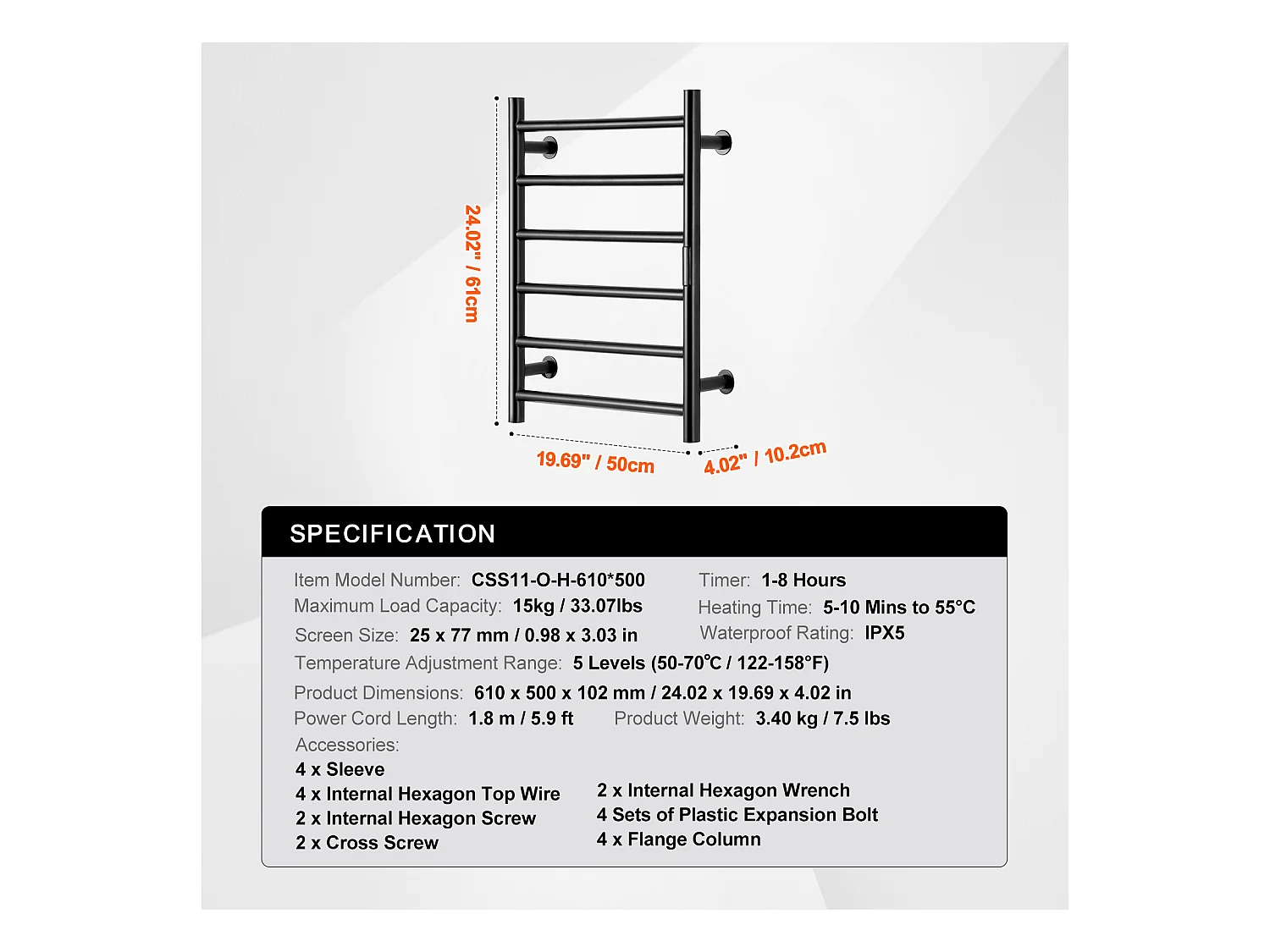 EMKE Porte-Serviettes Mural à 6 Barres, Sèche-Serviettes Chauffant pour Salle de Bain, Noir
