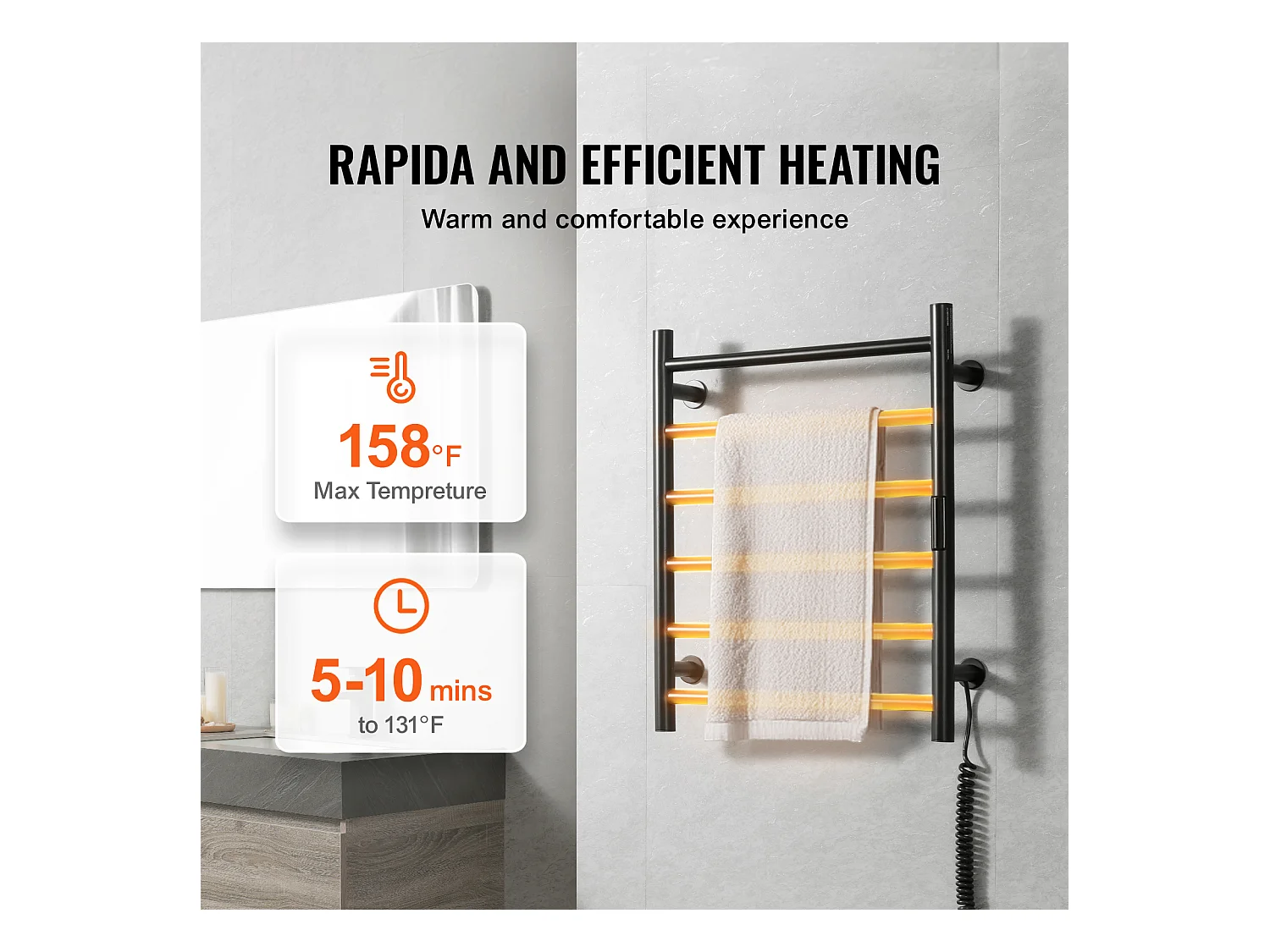EMKE Porte-Serviettes Mural à 6 Barres, Sèche-Serviettes Chauffant pour Salle de Bain, Noir