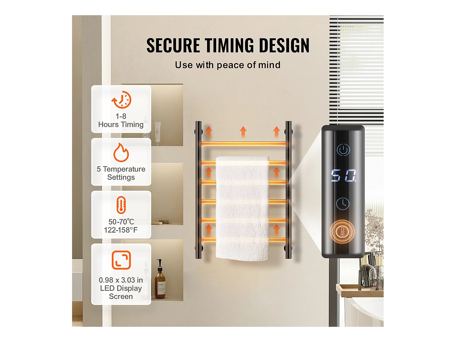 EMKE Porte-Serviettes Mural à 6 Barres, Sèche-Serviettes Chauffant pour Salle de Bain, Noir