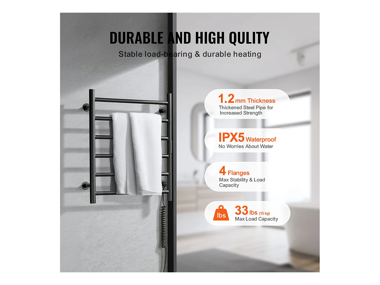 EMKE Porte-Serviettes Mural à 6 Barres, Sèche-Serviettes Chauffant pour Salle de Bain, Noir