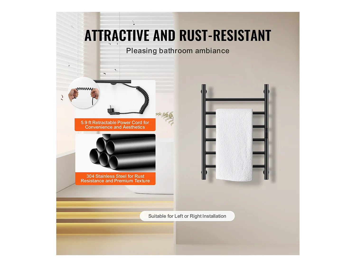 EMKE Porte-Serviettes Mural à 6 Barres, Sèche-Serviettes Chauffant pour Salle de Bain, Noir