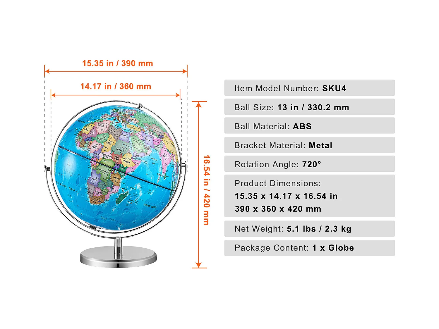 Globe Terrestre, SucceBuy  Globe Terrestre Rotatif avec Support 13 Pouces Globe Terrestre Éducatif pour L'étude et La Décoration
