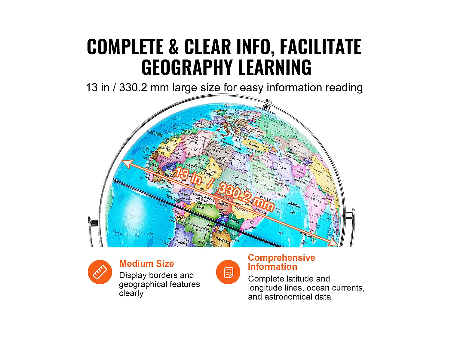 Globe Terrestre, SucceBuy  Globe Terrestre Rotatif avec Support 13 Pouces Globe Terrestre Éducatif pour L'étude et La Décoration
