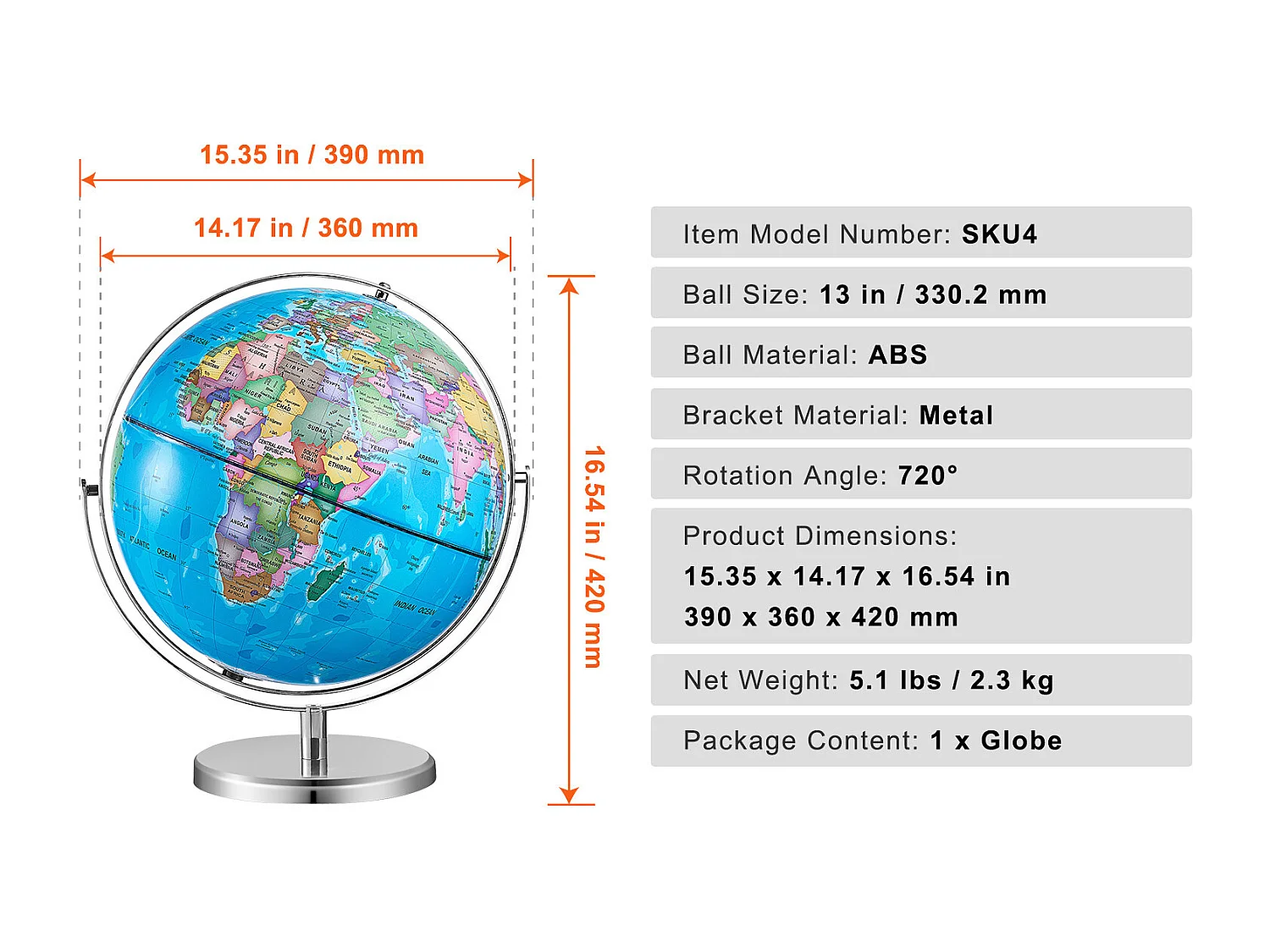 Globe Terrestre, SucceBuy  Globe Terrestre Rotatif avec Support 13 Pouces Globe Terrestre Éducatif pour L'étude et La Décoration