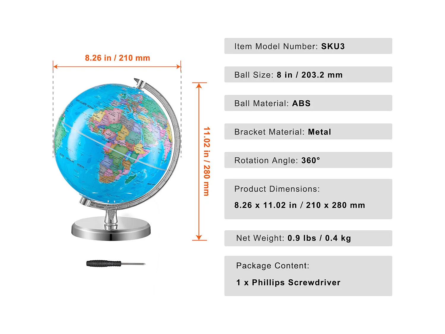 Globe Terrestre, SucceBuy Globe Terrestre Rotatif avec Support Globe Terrestre Éducatif de 8 Pouces pour L'Apprentissage et La Décoration