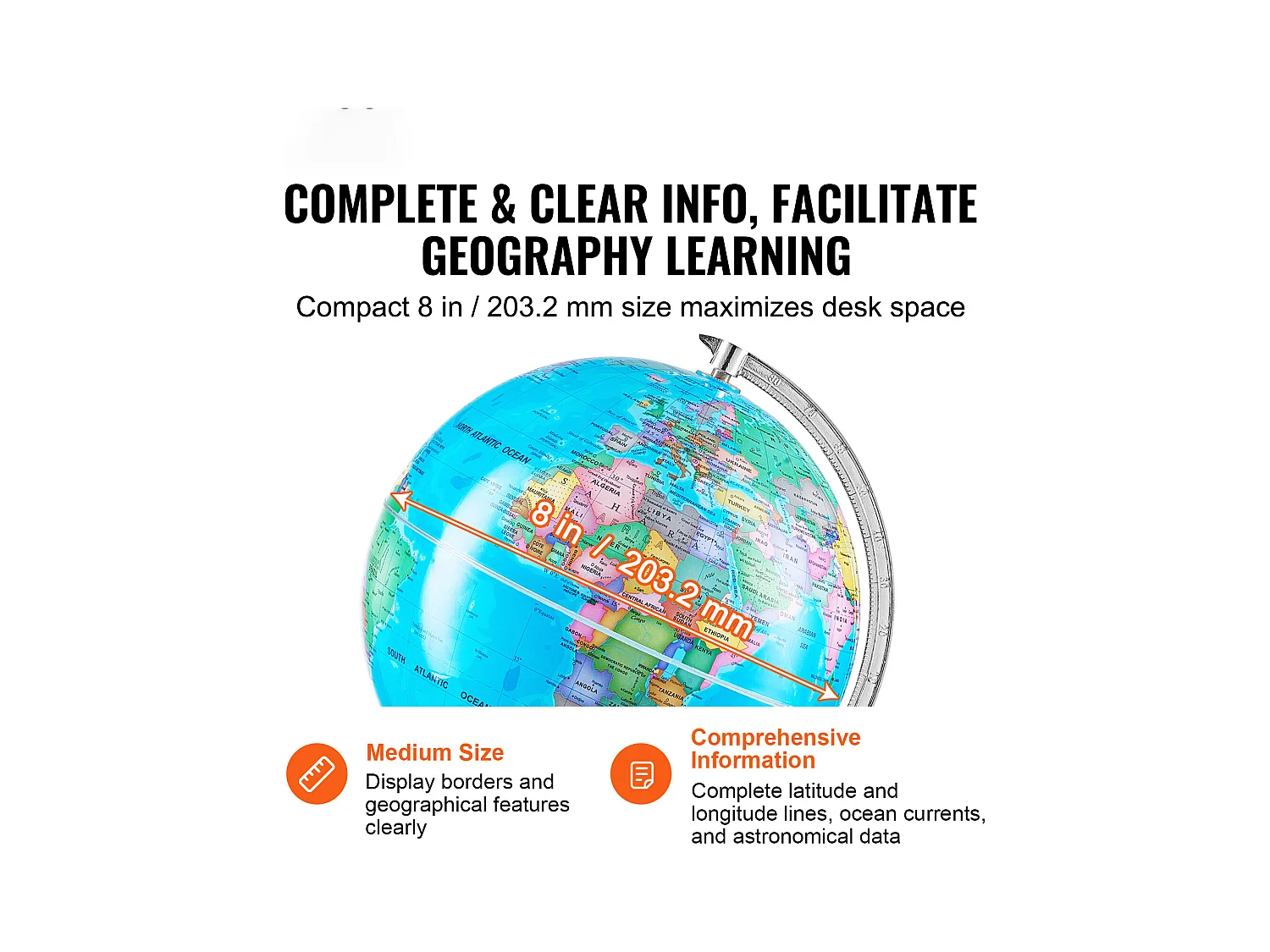 Globe Terrestre, SucceBuy Globe Terrestre Rotatif avec Support Globe Terrestre Éducatif de 8 Pouces pour L'Apprentissage et La Décoration