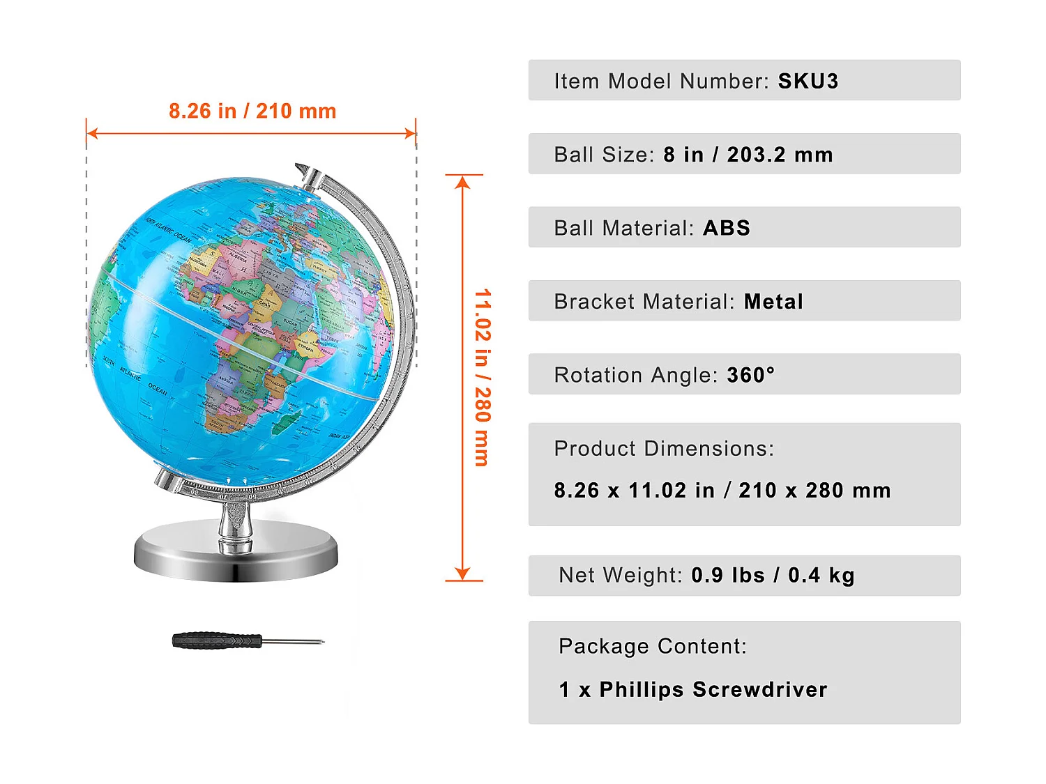 Globe Terrestre, SucceBuy Globe Terrestre Rotatif avec Support Globe Terrestre Éducatif de 8 Pouces pour L'Apprentissage et La Décoration