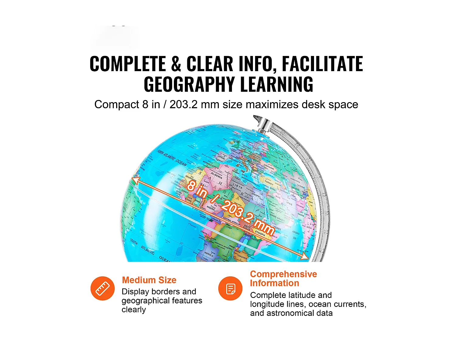 Globe Terrestre, SucceBuy Globe Terrestre Rotatif avec Support Globe Terrestre Éducatif de 8 Pouces pour L'Apprentissage et La Décoration