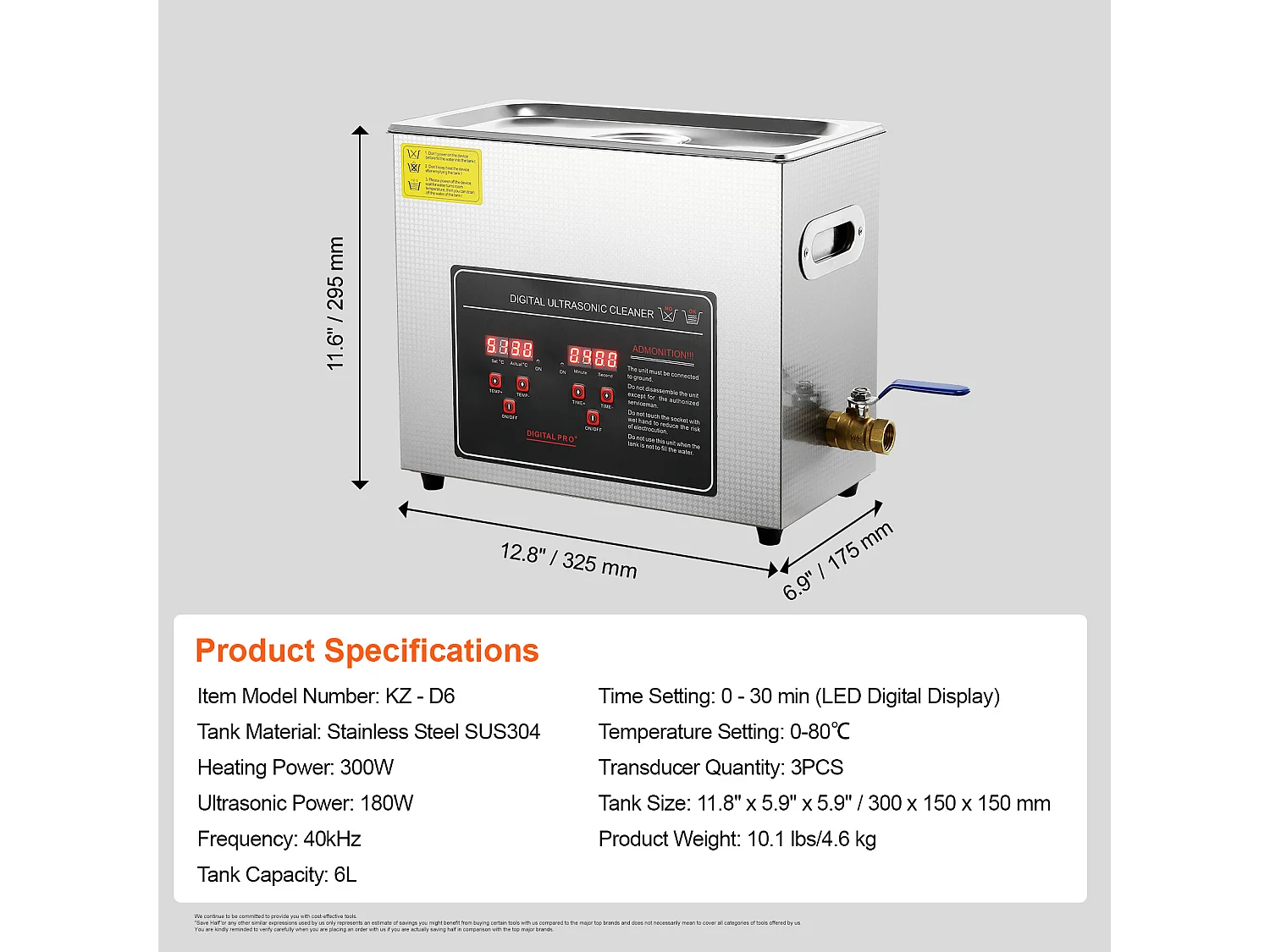 Nettoyeur à Ultrasons SucceBuy 6L avec Minuterie et Chauffage, Nettoyeur Numérique en Acier Inoxydable