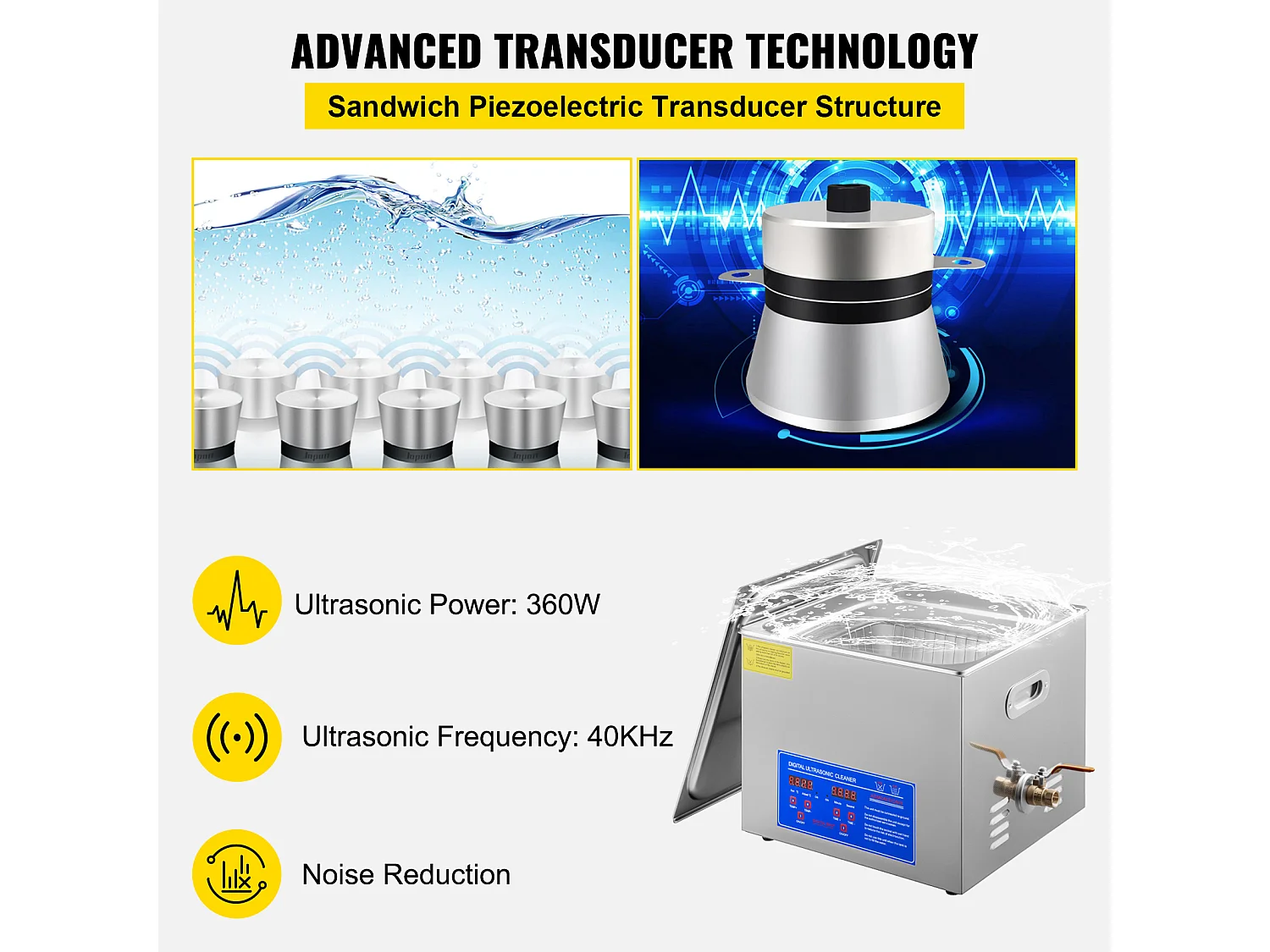 Nettoyeur Ultrasonique SucceBuy Nettoyeur Ultrasonique Numérique 15L, 360W, Acier Inoxydable, Minuterie de Chauffage