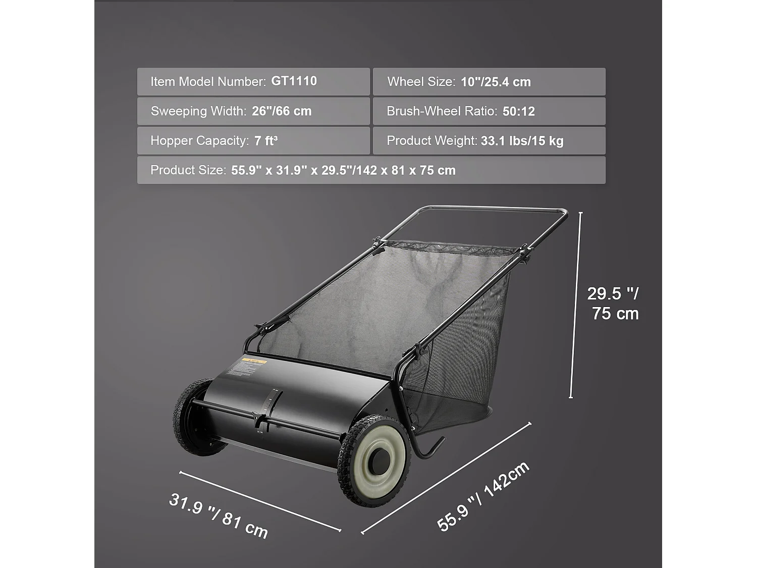 Balayeuse à Gazon SucceBuy de 26 Po, Ramasseur de Feuilles et D'herbe à Pousser, Capacité de 7 Pi3