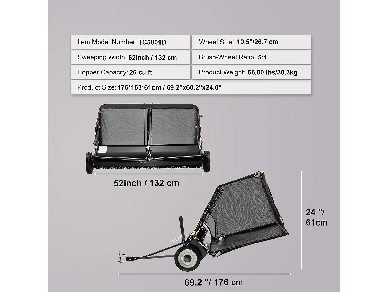 52 Zoll, 26 Kubikzoll. ft. Anhänge-Rasenkehrmaschine SucceBuy, Laubsammler