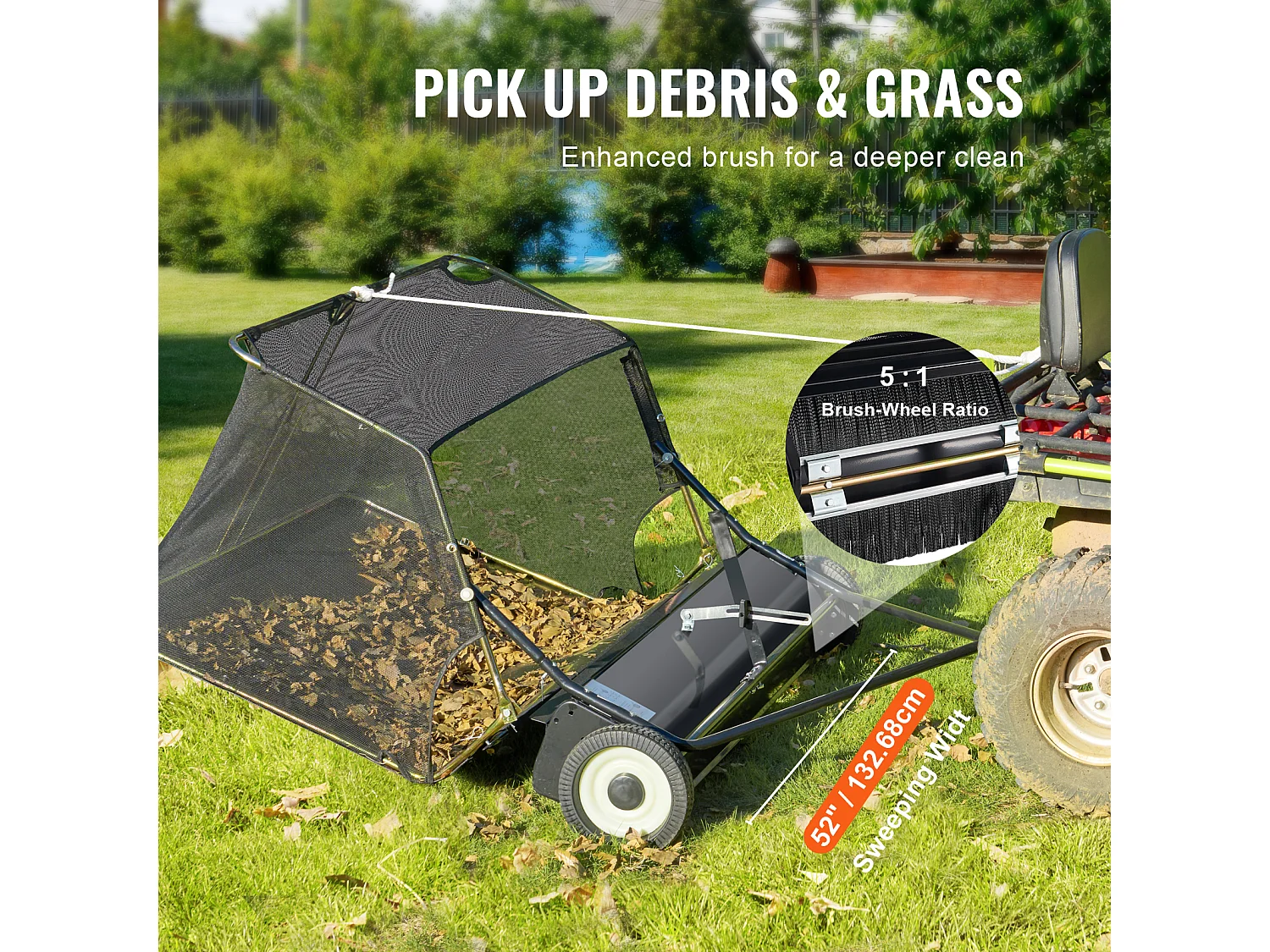 52 Zoll, 26 Kubikzoll. ft. Anhänge-Rasenkehrmaschine SucceBuy, Laubsammler
