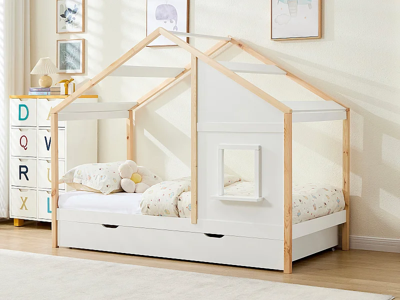 Lit cabane 90 x 190 cm avec tiroir - Pin et MDF - Coloris : Blanc et naturel - RINELYA